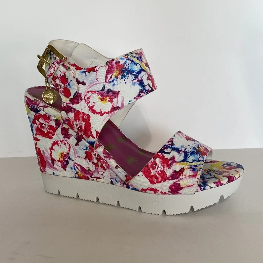 Juicy Couture Trish Floral Heeled Wedge Open Toe Slingback Sandals Size 7